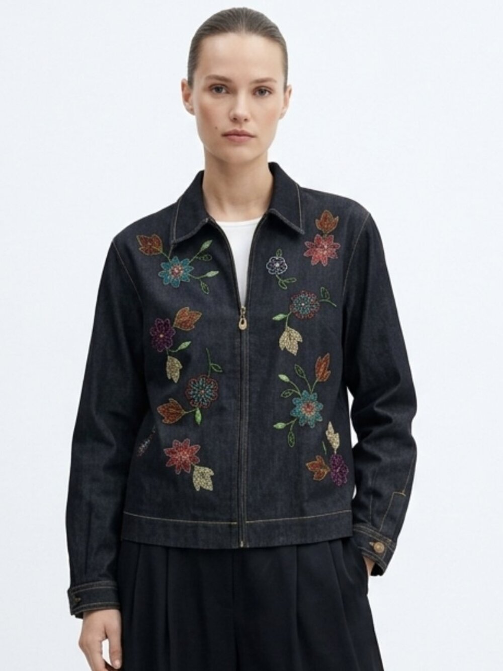 Alfred Dunner Jacket Black Denim Embroidered Zip Casual 14P